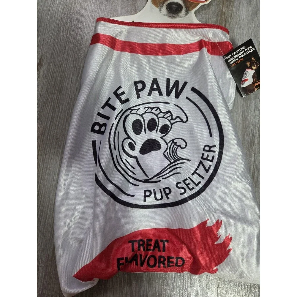 Party Dog Bite Paw Pup Seltzer Pet Costume White Red Dog Shirt L/XL Halloween